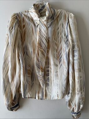 Vintage Eva Laurel Tie-Neck Feather-Print Blouse in Cream and Tan
